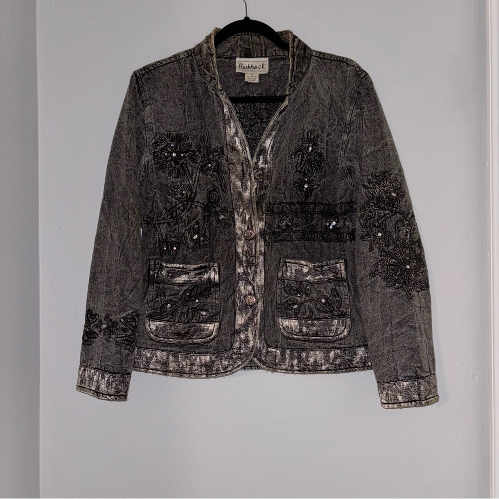 Vintage Flashback Womens Embroidered Denim Jean Jacket Shacket Coat Gray Black